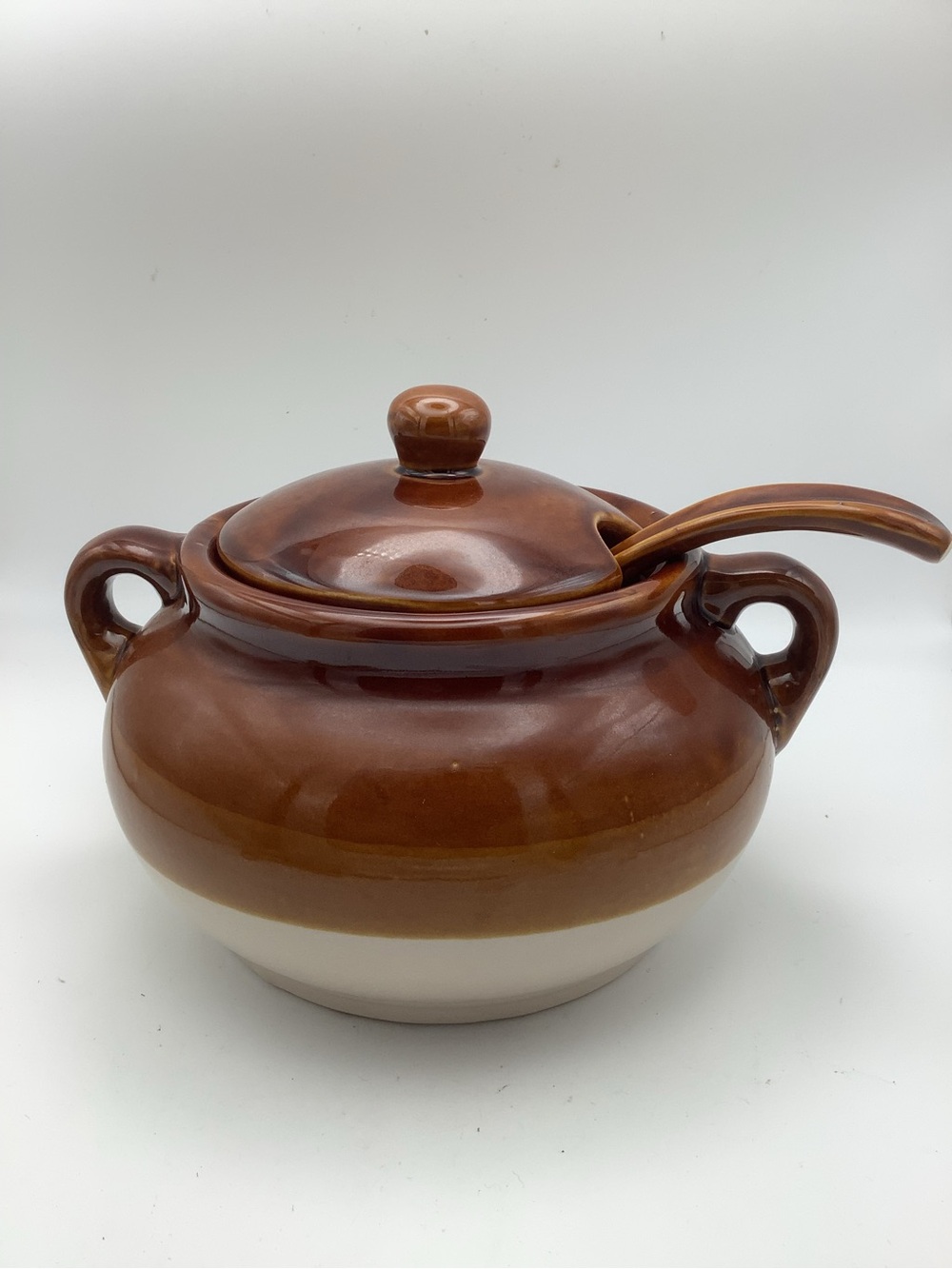Two-Tone Brown Ceramic Bean/Soup Pot with Lid and Serving Spoon